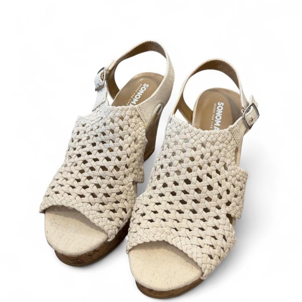 Sonoma Goods For Life Cream Woven Cork Wedge Sandals Womens 7M Slingback Heel